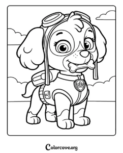 A printable Skye Paw Patrol coloring page for kids featuring the adorable pilot pup with her goggles and a bone.