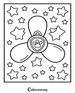 A Paw Patrol themed fidget spinner badge surrounded by cute stars for kids to color