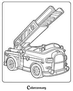 A detailed Paw Patrol Marshall fire truck coloring page for kids to print and color at home.