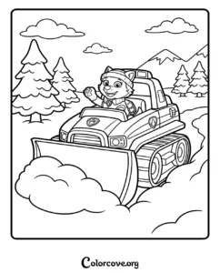 Everest from Paw Patrol driving her snow plow in a winter mountain scene coloring page for kids to print and color