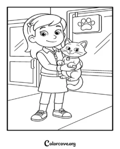 Katie from Paw Patrol holding her pet Cali cat for kids to color in this printable coloring page.