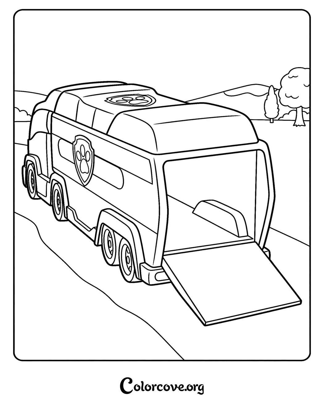 Get ready for a rescue mission with this fun Paw Patroller coloring page! Print this Paw Patrol truck sheet for free and let your little hero bring the team's headquarters to life with their favorite colors.