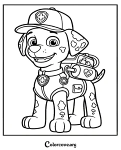 A friendly Marshall Paw Patrol coloring page featuring the Dalmatian fire pup ready for a rescue mission.