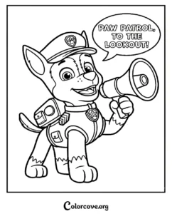 Chase from Paw Patrol holding a megaphone for a printable coloring page