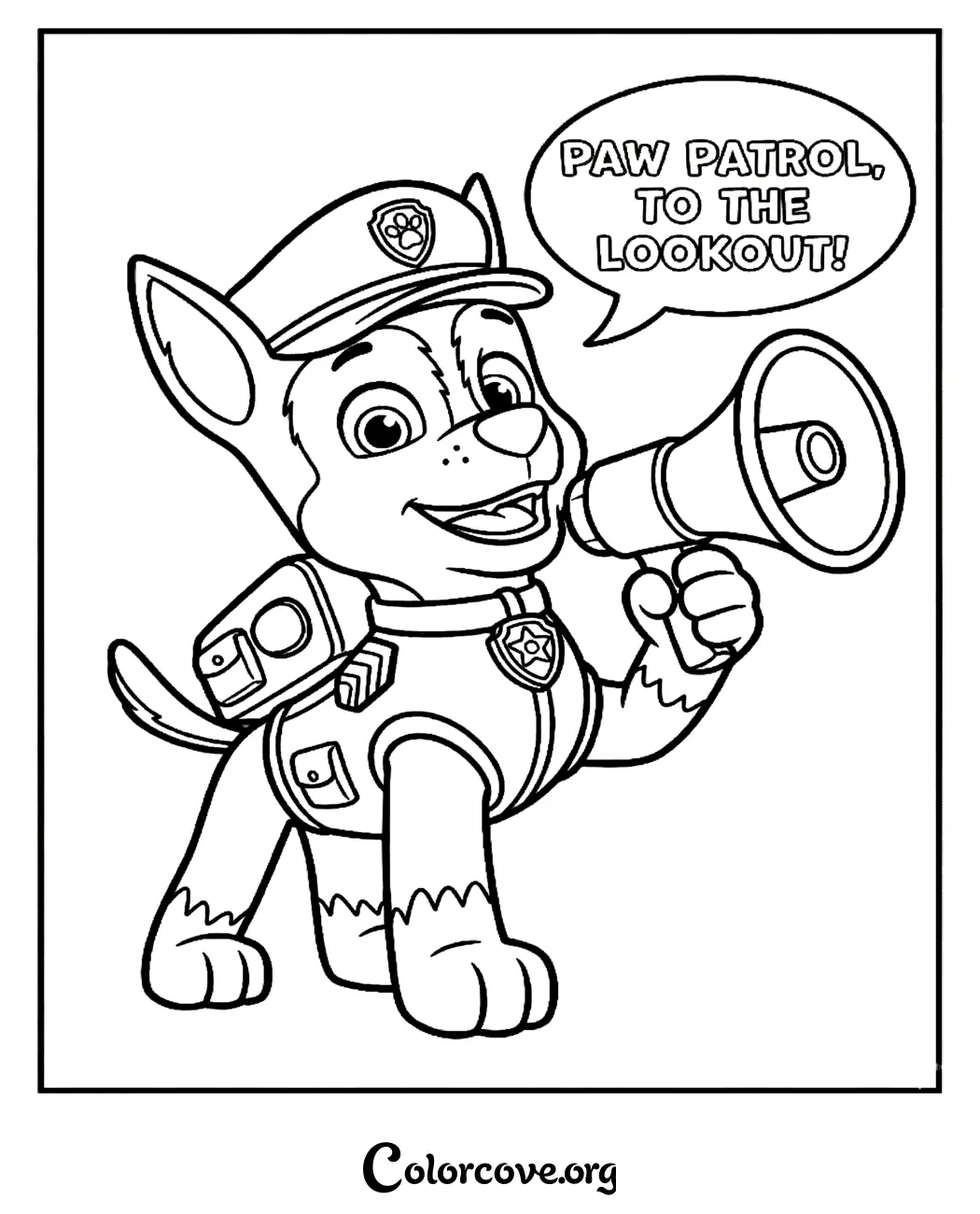 Bring the excitement of Adventure Bay home with this fun printable Chase coloring page. Kids will love coloring the police pup as he calls out his iconic line, Paw Patrol to the Lookout!
