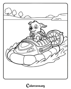 Zuma from Paw Patrol driving his hovercraft coloring page for kids to print and color