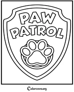 Paw Patrol logo shield with a dog paw print to color for kids