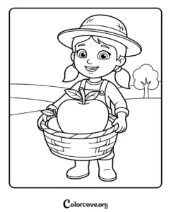 A cute Paw Patrol girl character wearing a hat and holding a basket of fresh apples in an orchard coloring page for kids