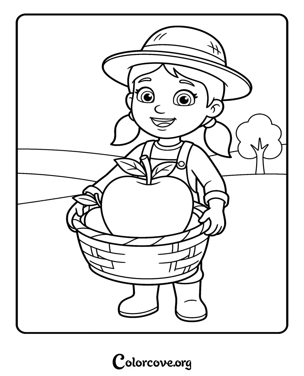 Bring this fun Paw Patrol scene to life by coloring in the farmer girl with her basket of fresh apples. It is the perfect free, printable activity for kids who love the Paw Patrol characters and outdoor adventures.