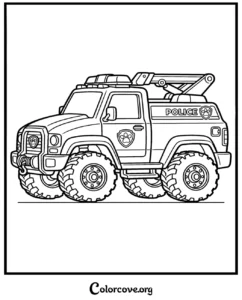 A detailed Paw Patrol Chase police cruiser truck coloring page for kids to print and color