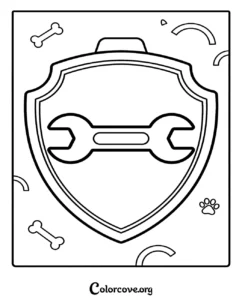 A printable Paw Patrol coloring page featuring Rocky the recycling pup's wrench emblem inside his iconic rescue badge.