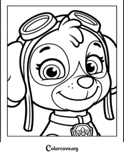 A detailed portrait coloring page of Skye from Paw Patrol wearing her signature pilot goggles, perfect for kids to print and color.