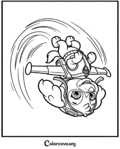 A fun Paw Patrol coloring page featuring Skye performing an aerial flip with her wings spread out