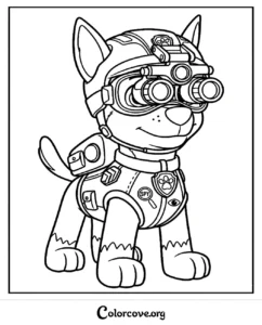 Chase from Paw Patrol dressed as a spy with night vision goggles for a printable kids coloring page.