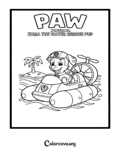 Zuma from Paw Patrol driving his hovercraft for a water rescue in this free printable coloring page for kids.