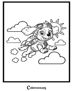 A printable Paw Patrol coloring page featuring Skye the cockapoo flying with her jetpack amongst clouds and the sun.