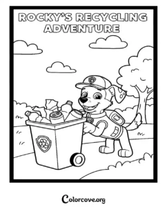 Rocky from Paw Patrol recycling with a bin, free printable coloring page for kids