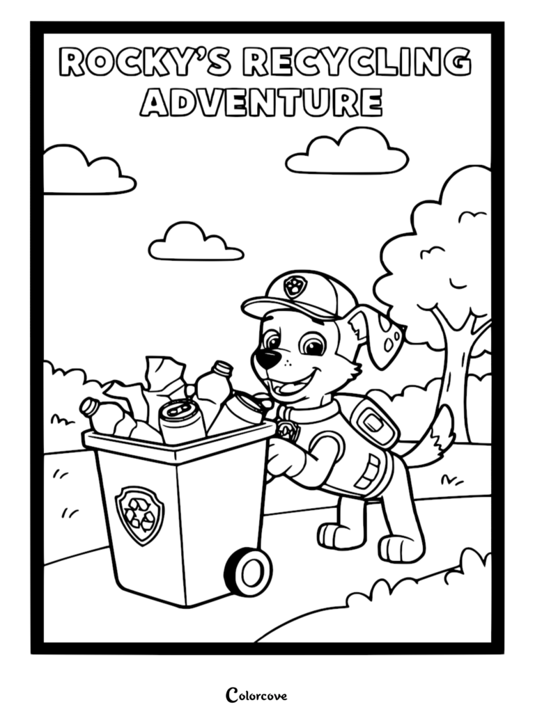 A detailed Paw Patrol Rocky coloring page featuring the recycling pup pushing a bin overflowing with bottles and cans in a park.