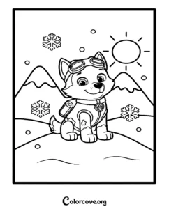 Everest from Paw Patrol wearing her winter gear in a snowy mountain landscape coloring page for kids