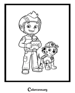 A printable Paw Patrol coloring page featuring Ryder holding his pup pad alongside Marshall the fire dog pup.