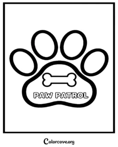 A simple Paw Patrol logo coloring page featuring a dog paw print with a bone and the Paw Patrol text for kids to color.