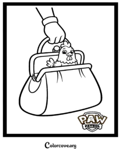 A printable Paw Patrol coloring page featuring Mayor Goodway's pet chicken Chickaletta sitting inside a stylish handbag.