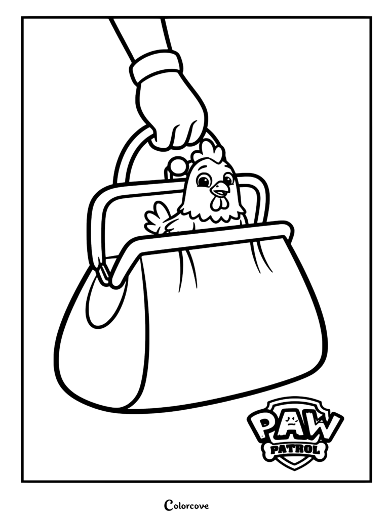 A black and white coloring page featuring Chickaletta the chicken peeking out of Mayor Goodway's open handbag, held by a gloved hand.