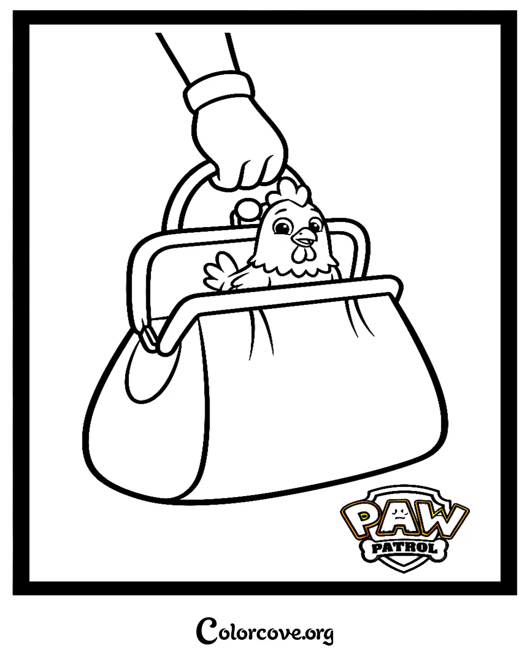 Download and print this fun Paw Patrol coloring page featuring Chickaletta the chicken sitting in a purse. It is the perfect free activity for young fans of the show!