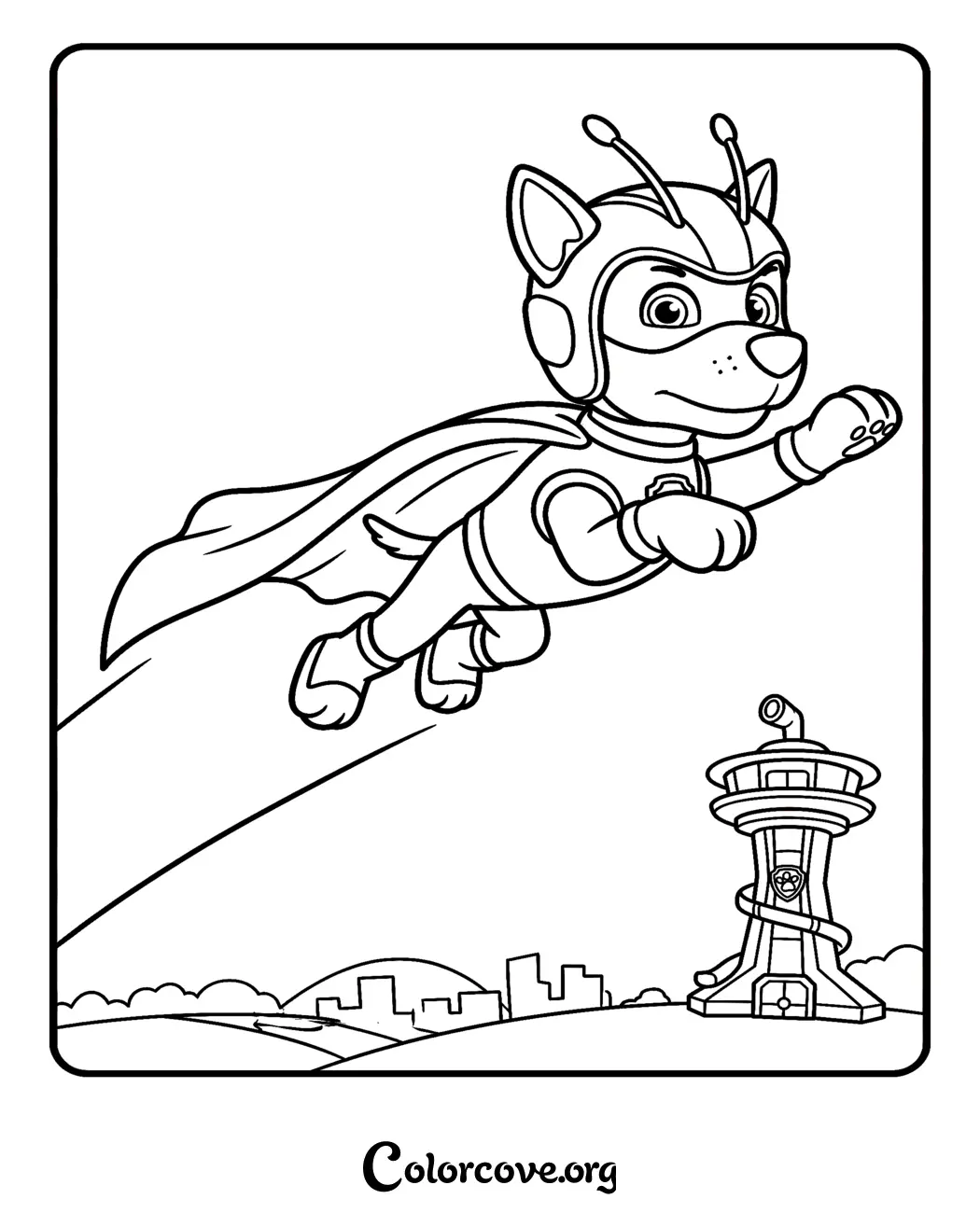 Bring your favorite Mighty Pup to life with this fun Paw Patrol coloring page! Easily print this action-packed scene of Chase soaring over Adventure Bay for instant creative fun at home.