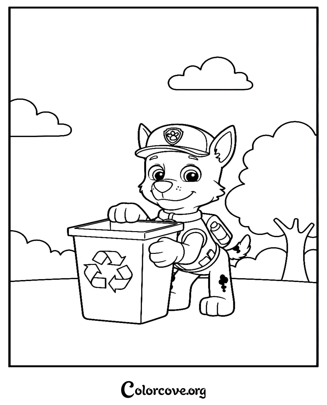 Join Rocky from Paw Patrol for an eco-friendly adventure with this free printable coloring page. Perfect for teaching kids about the importance of recycling through their favorite characters.