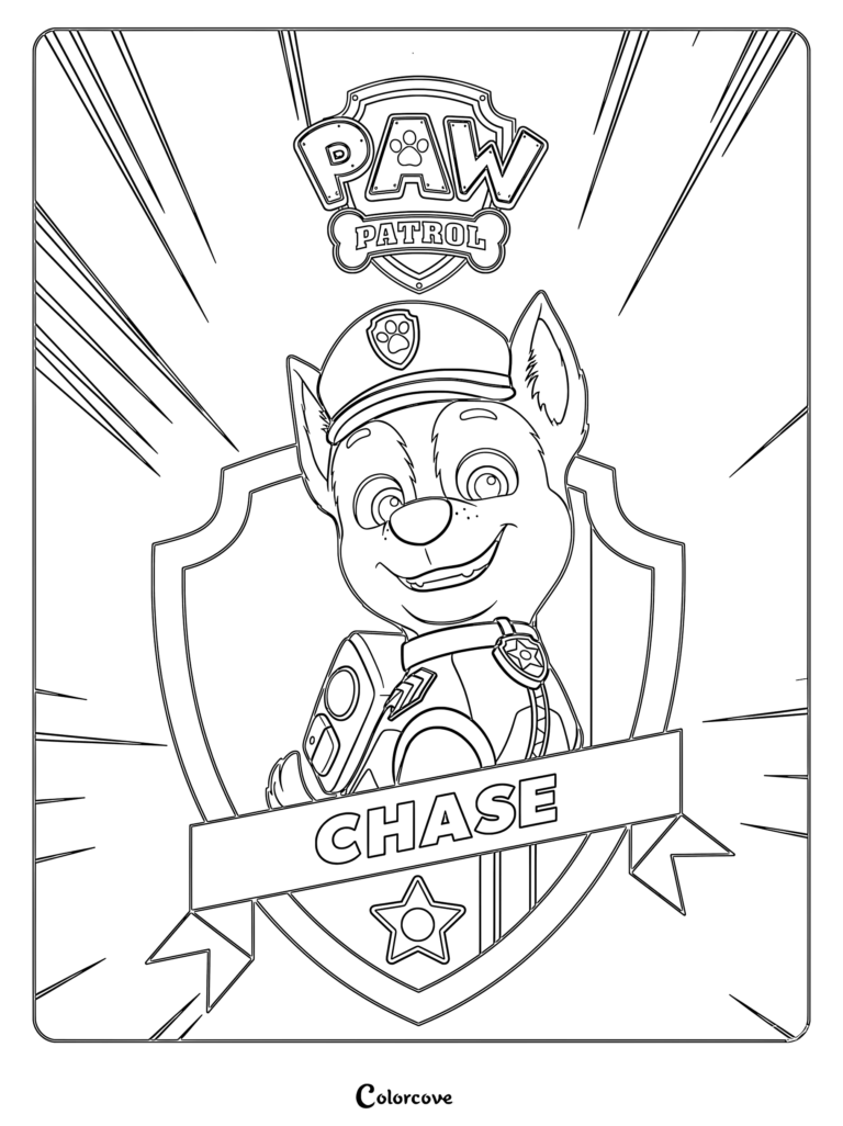 Chase smiling inside a Paw Patrol badge frame.