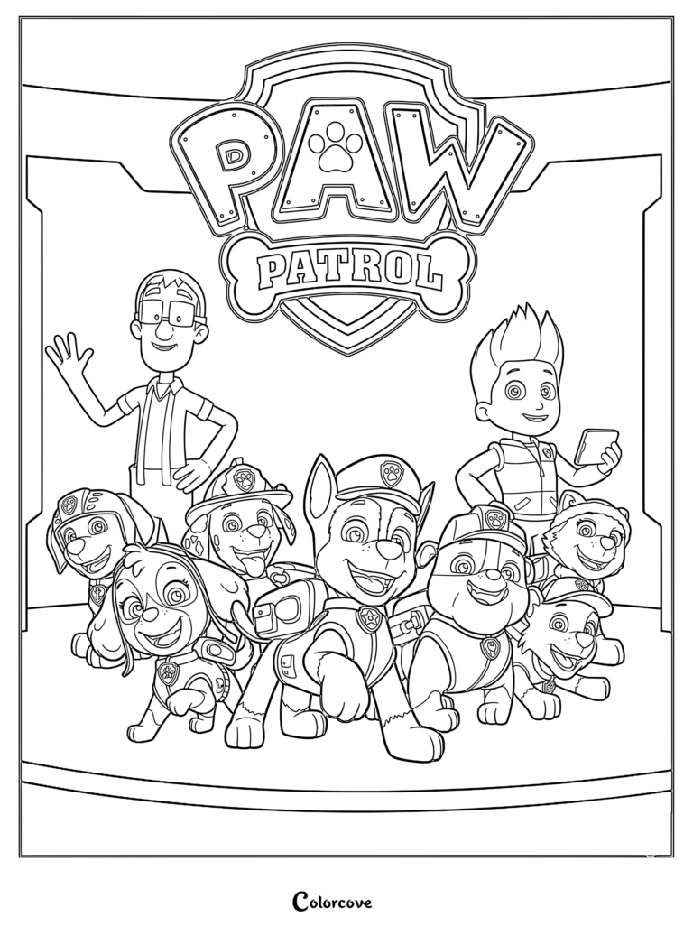 Paw Patrol coloring page featuring Ryder, Mr. Porter, Chase, Marshall, Skye, Rubble, Rocky, and Zuma standing together.