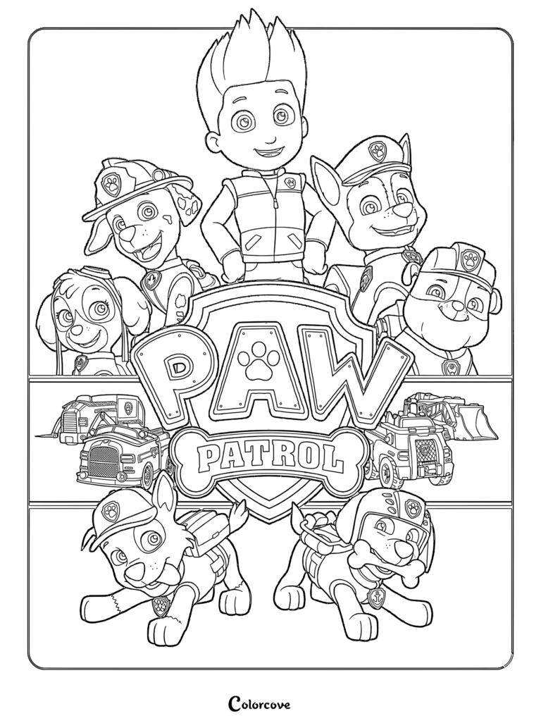 Ryder, Marshall, Chase, Skye, Rubble, Rocky, and Zuma on a Paw Patrol coloring page with the official logo and rescue vehicles.