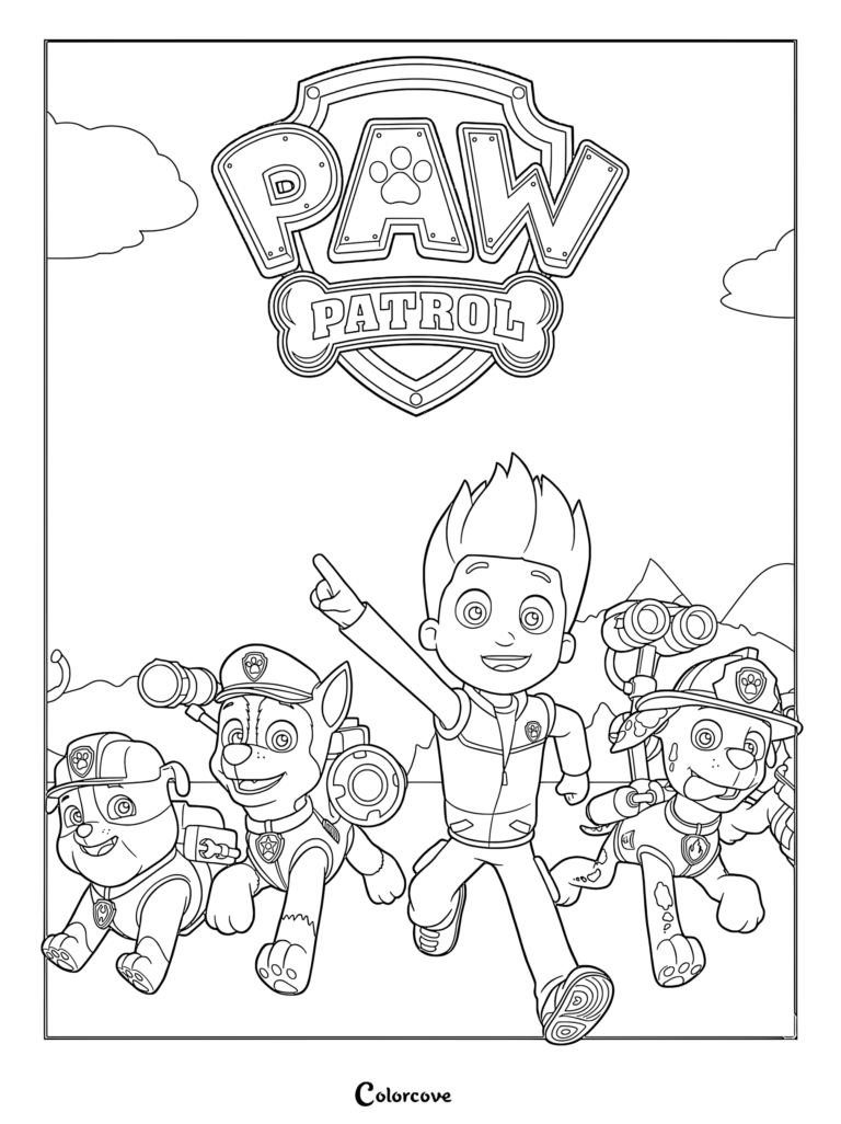 Ryder pointing forward with Chase, Marshall, and Rubble running alongside him in this Paw Patrol coloring page.