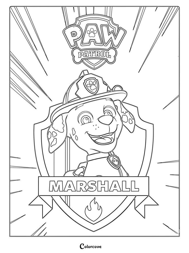 Marshall from Paw Patrol wearing his firefighter helmet inside a shield emblem coloring page