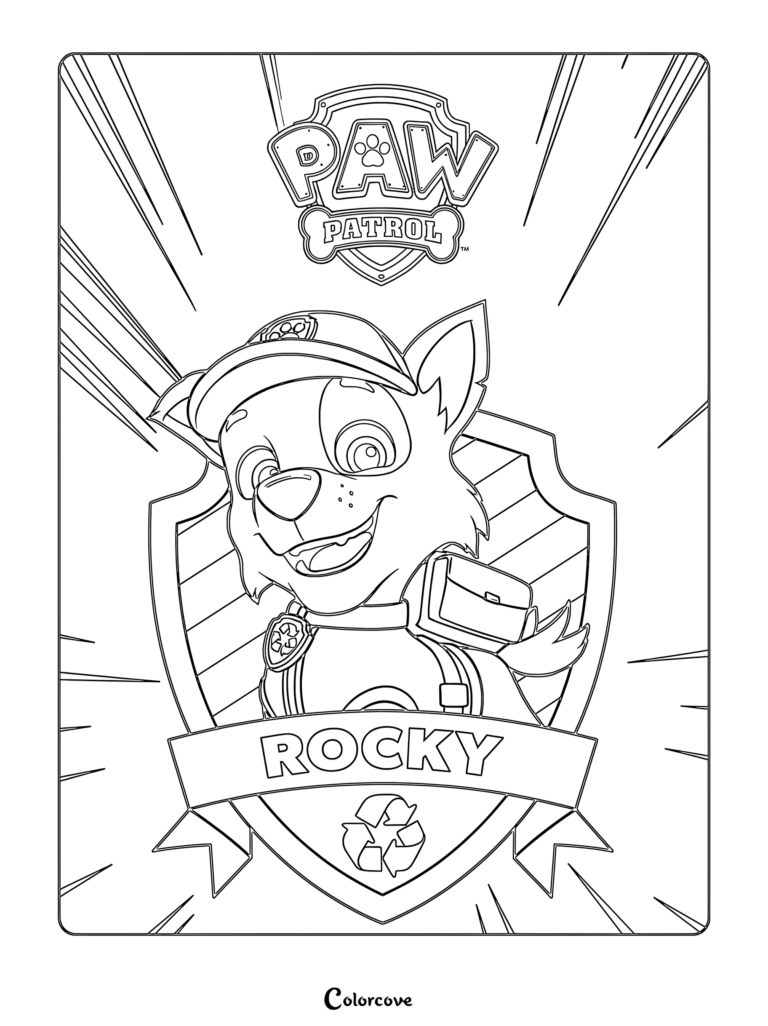 Rocky from Paw Patrol wearing his cap inside a recycling badge coloring page