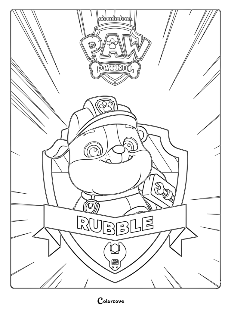 Rubble from Paw Patrol wearing his construction helmet inside a shield emblem coloring page
