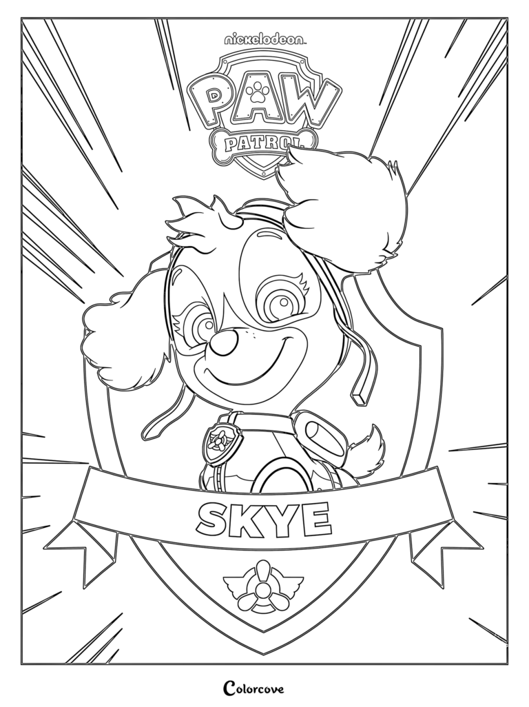 Skye from Paw Patrol wearing her flight goggles in a shield-shaped frame coloring page