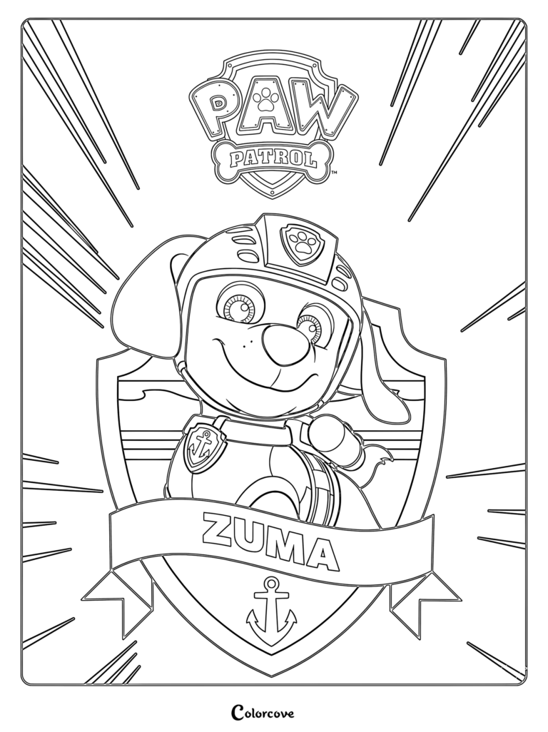 Zuma from Paw Patrol wearing his water rescue helmet in front of a shield emblem on a printable coloring page.