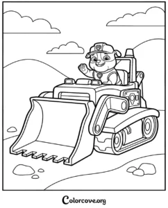 Rubble from Paw Patrol waving from his construction bulldozer coloring page for kids to print and color