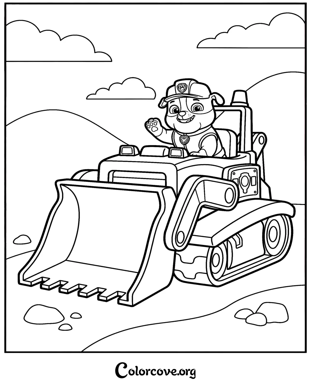 Download and print this fun Paw Patrol coloring page featuring Rubble in his bulldozer. Perfect for young fans of the show who love construction vehicles and creative activities.