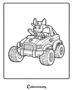 Ryder from Paw Patrol driving his rescue ATV in this printable line art coloring page for kids.