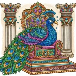 Colorful peacock perched on a decorative throne, surrounded by intricate patterns and ornate columns in this coloring page.