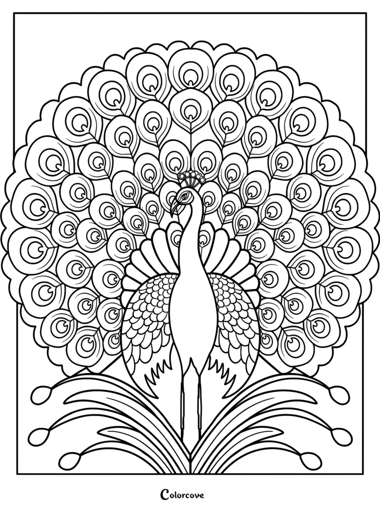A printable peacock coloring page featuring a bird with an intricate crest and a tail adorned with swirling, circular feather patterns and leaves.