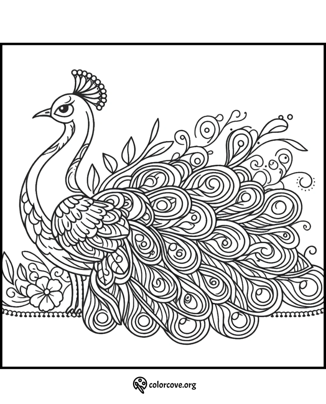 Detailed peacock coloring page with intricate feather patterns, flowers, and leaves. Ideal for relaxation and creativity.