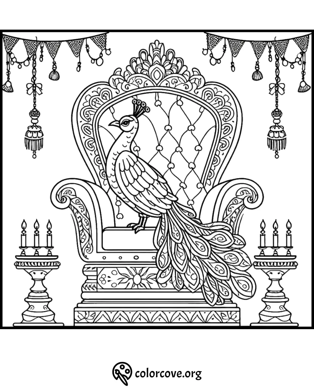 Intricate peacock on throne coloring page with detailed patterns and candles, perfect for kids and adults to color.