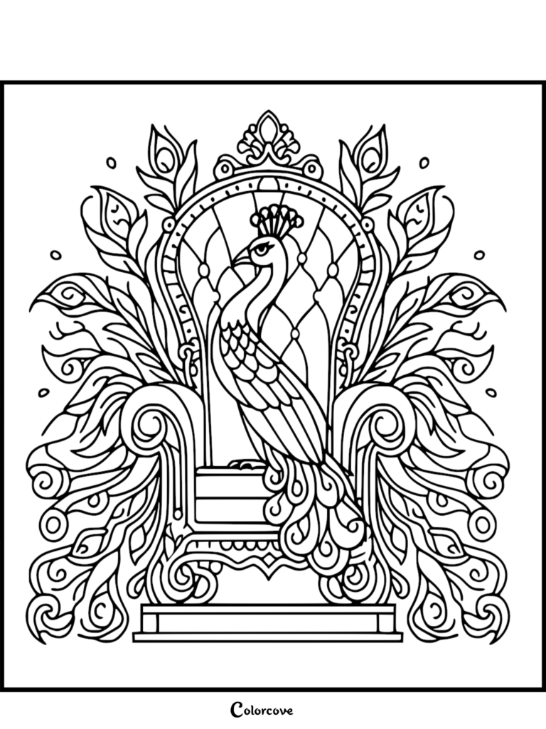A regal peacock standing on an ornate, quilted-back royal throne surrounded by elaborate feather motifs in this intricate printable coloring page.
