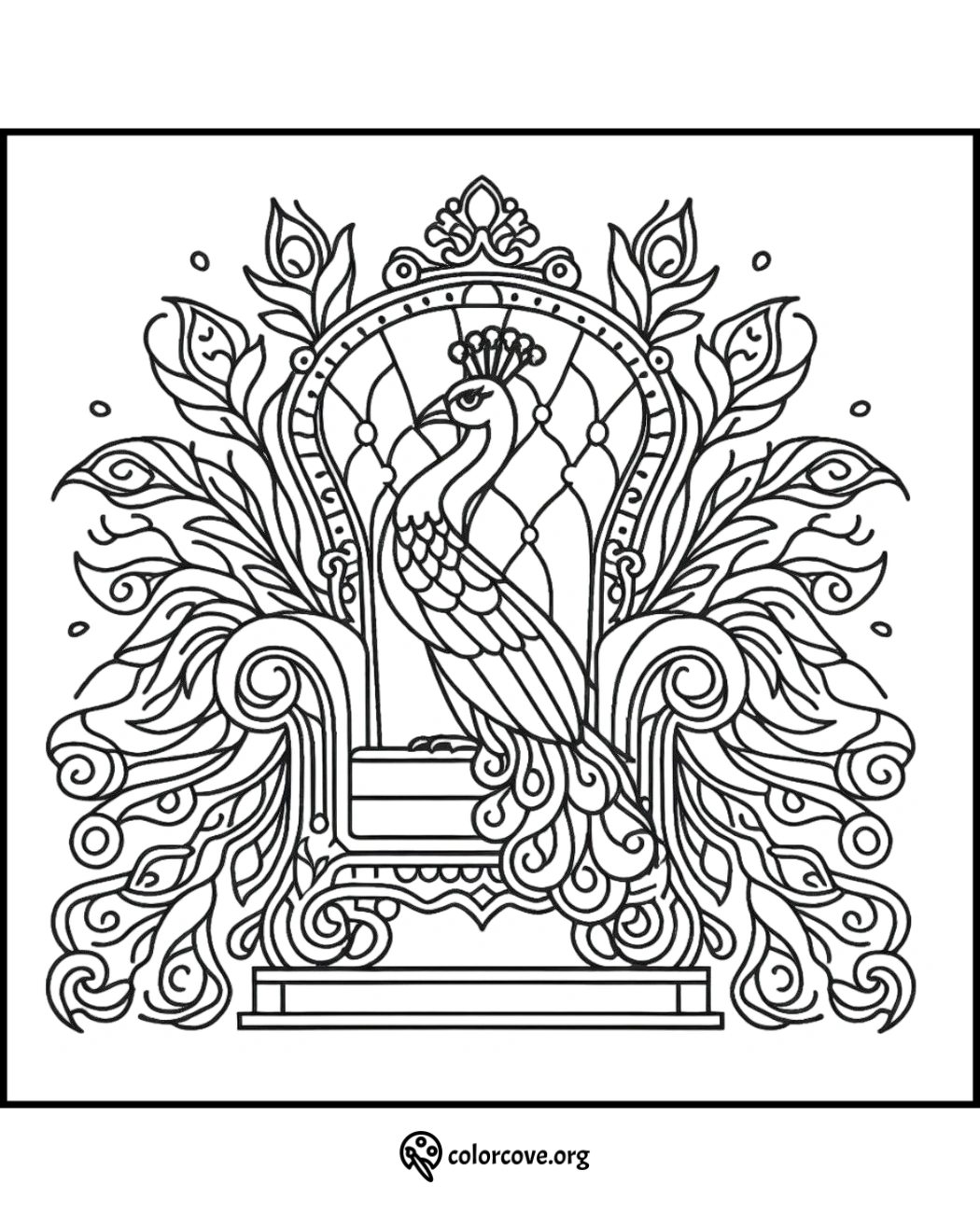 Peacock on ornate throne coloring page. Detailed coloring sheet featuring a majestic peacock perched on a decorative chair.