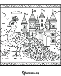 Peacock and castle coloring page with detailed patterns and majestic scenery for kids and adults to color.