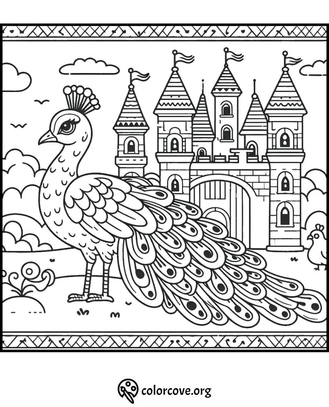 Peacock and castle coloring page with detailed patterns and majestic scenery for kids and adults to color.